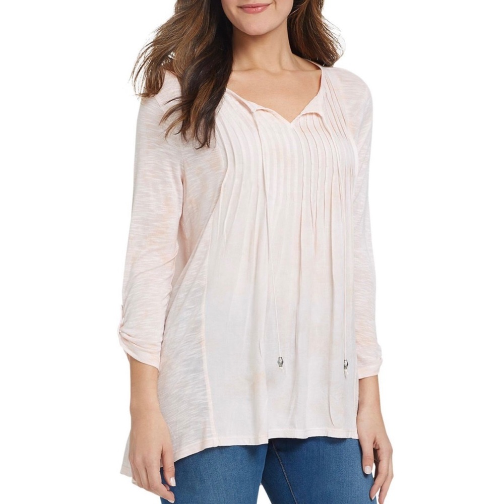 Bandolino Plus XXL Pink Camo Blouse Pleated Roll Tab Sleeve Tassel Boho Top